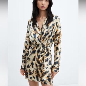 Mango Cheetah Print Satin Long Sleeve Dress Size 4